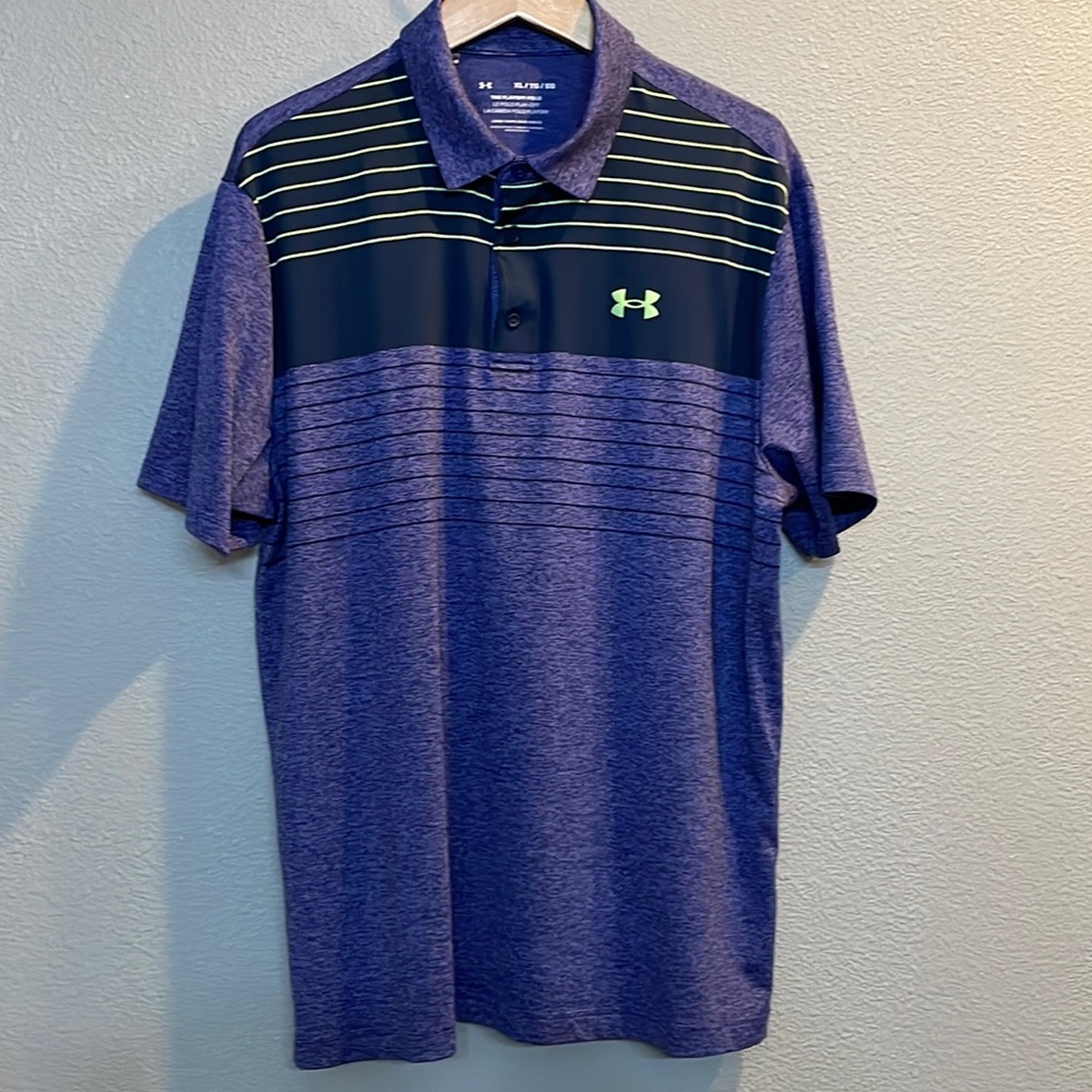 Under Armour mens short sleeve golf shirt in blue with vivid green stripes